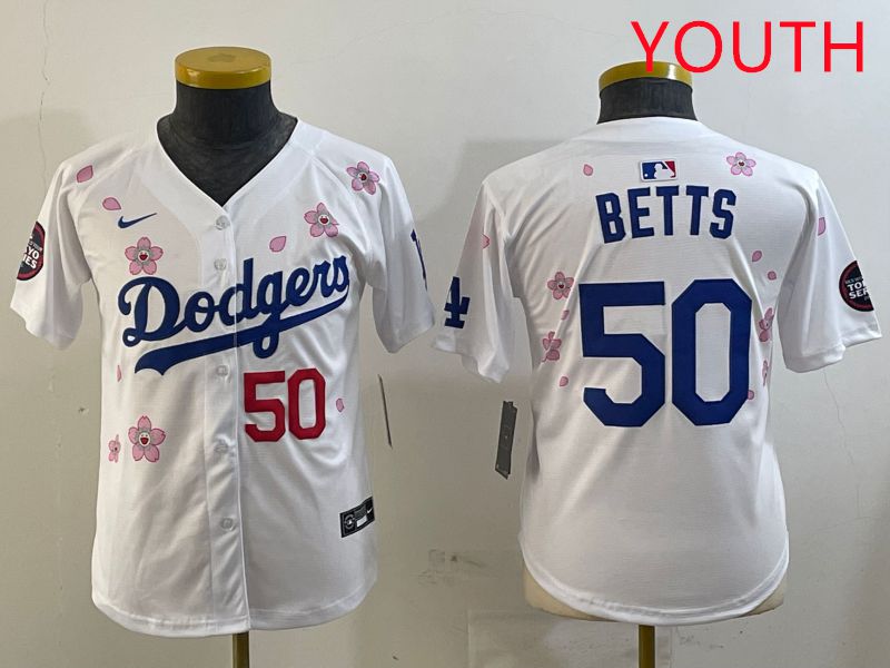 Youth Los Angeles Dodgers #50 Betts White Sakura Edition 2025 Nike MLB Jersey style 7->youth mlb jersey->Youth Jersey